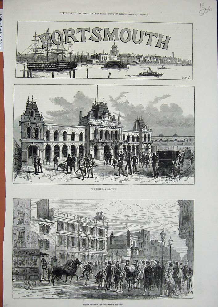 Old Antique Print *3516 1882 Portsmouth Railway Station Government House