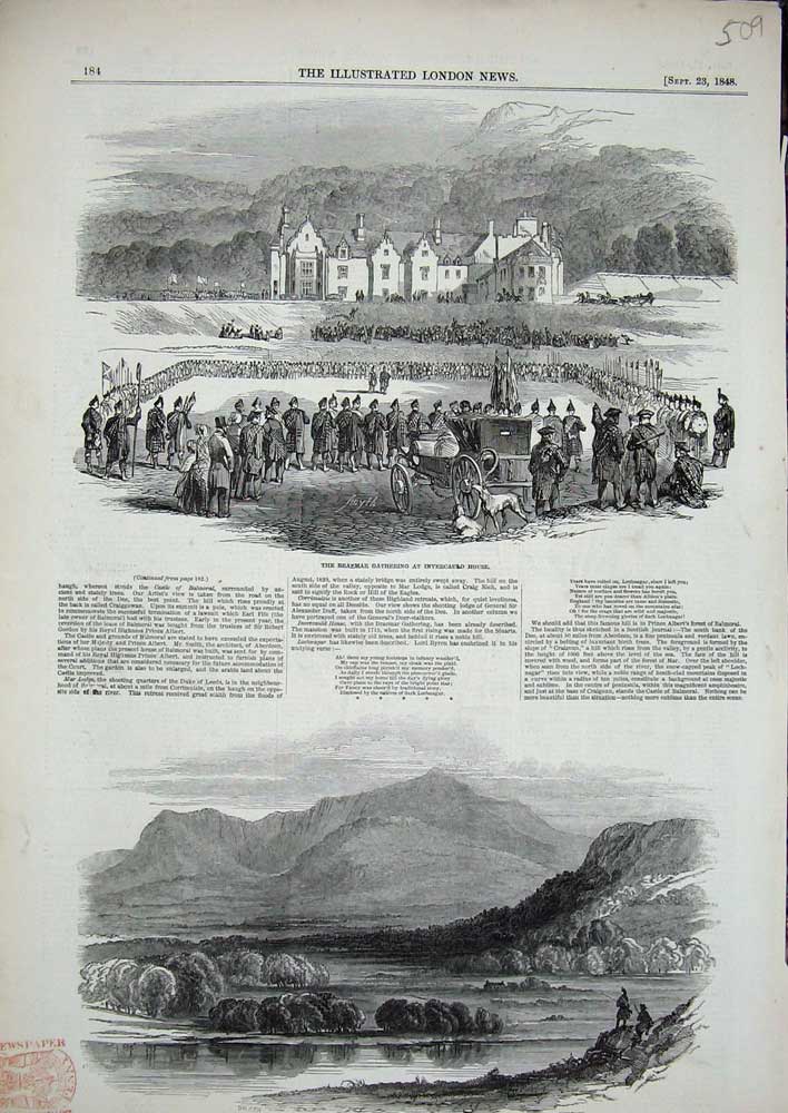 Old Antique Print 1848 Braemar Invarcauld House Lochnagar Scotland View 19th