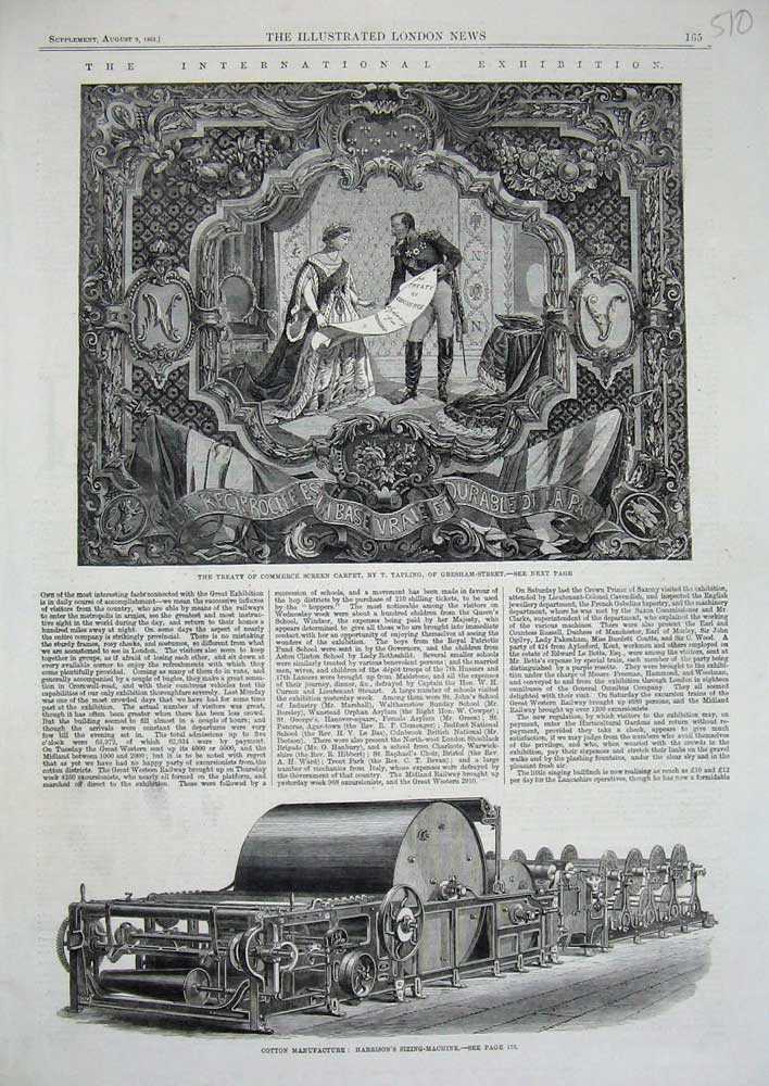 Original Old Antique Print Cotton Harrison Sizing Machine 1862 Treaty Commerce