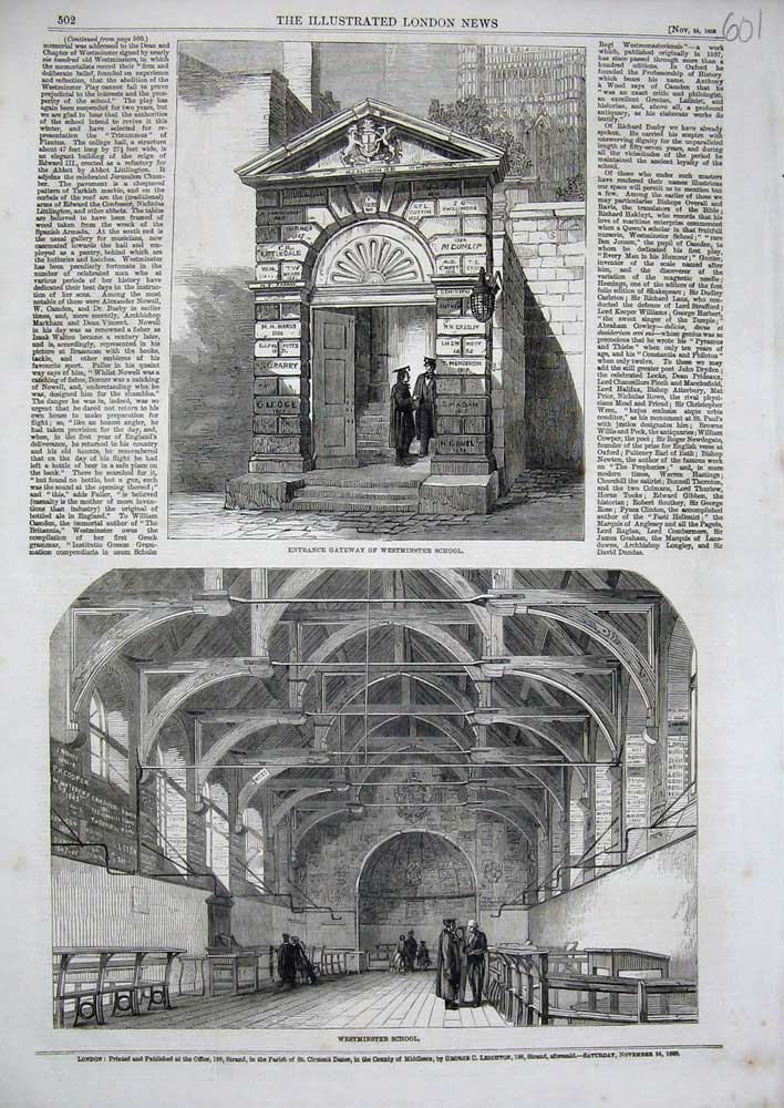 Original Old Antique Print 1860 Entrance Gateway Westminter School London 19th