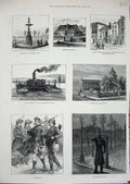Original Old Antique Print 1882 Portsmouth Dock Church Fountain Garrison Church