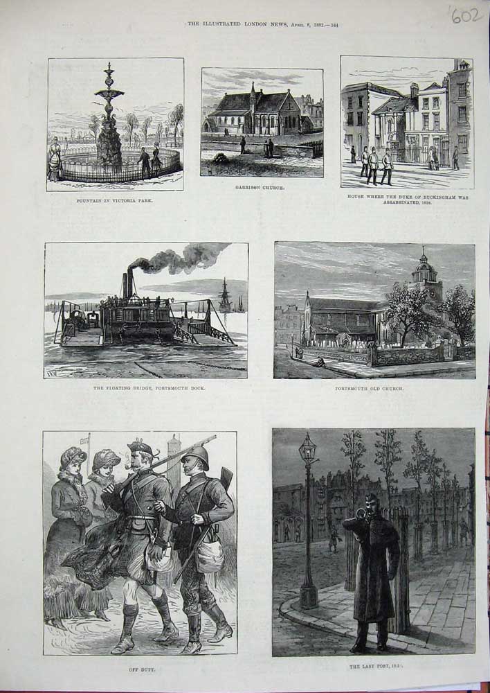 Original Old Antique Print 1882 Portsmouth Dock Church Fountain Garrison Church