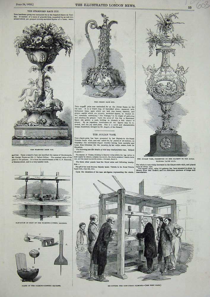 Original Old Antique Print 1852 Stamford Race Cup Diamon Cutting Machine Sport