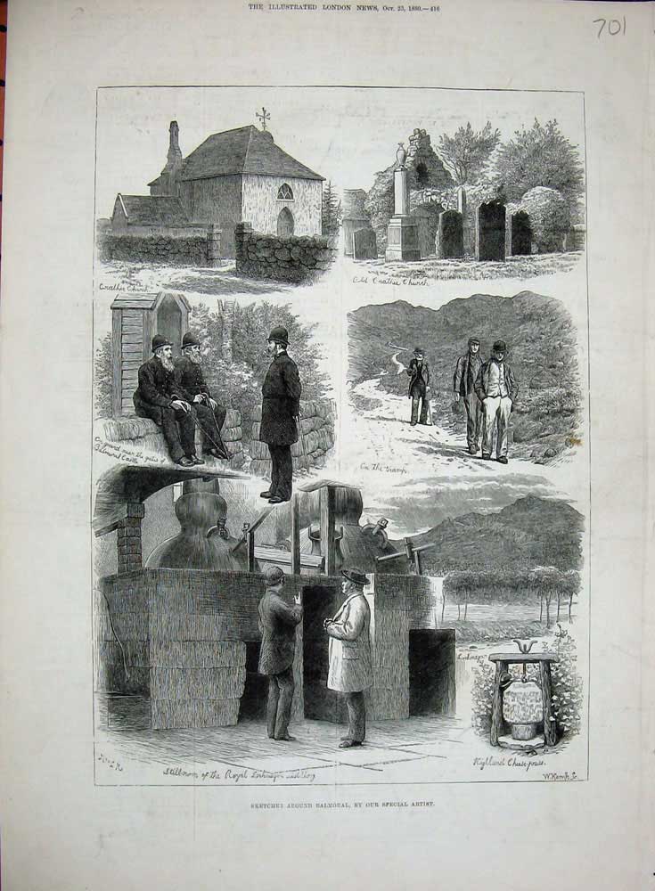 Antique Print *3517 1880 Balmoral Scotland Crathie Church Distillery Castle