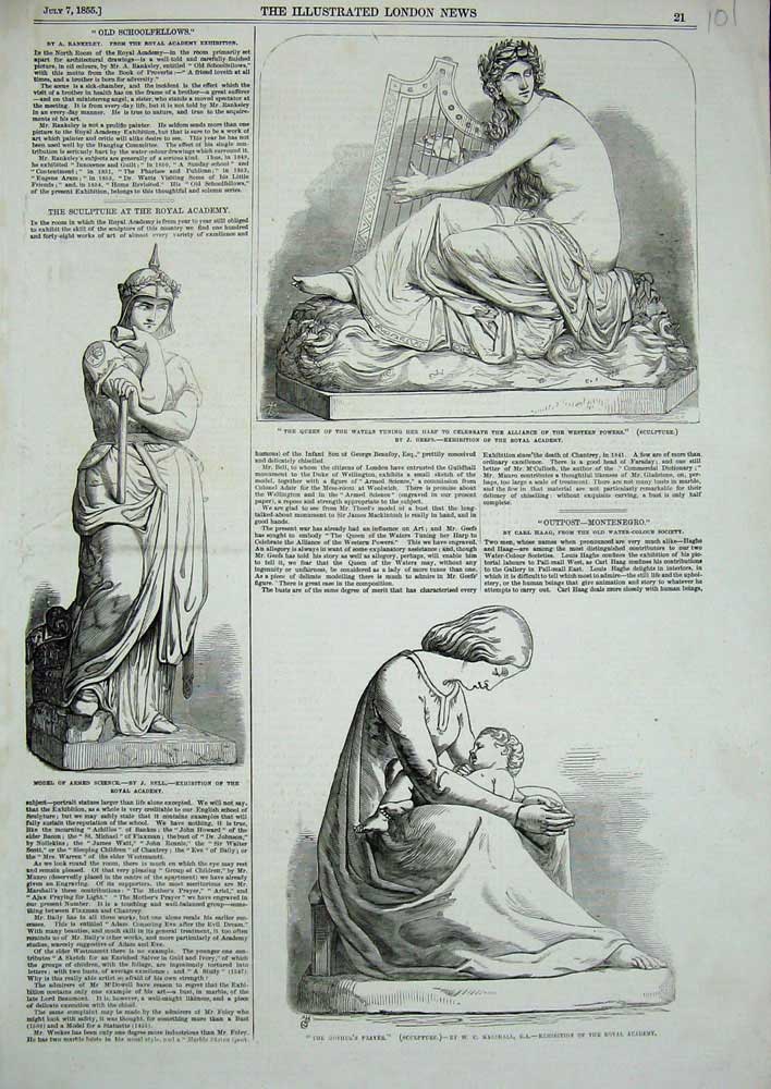 Old Antique Print 1855 Statue Queen Waters Harp Armed Science Sculpture 19th