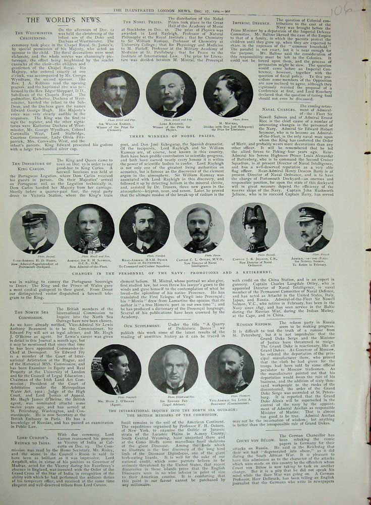 Old Antique Print 1904 Nobelprize Navy Rayleigh Battenberg Beaumont Fry 20th