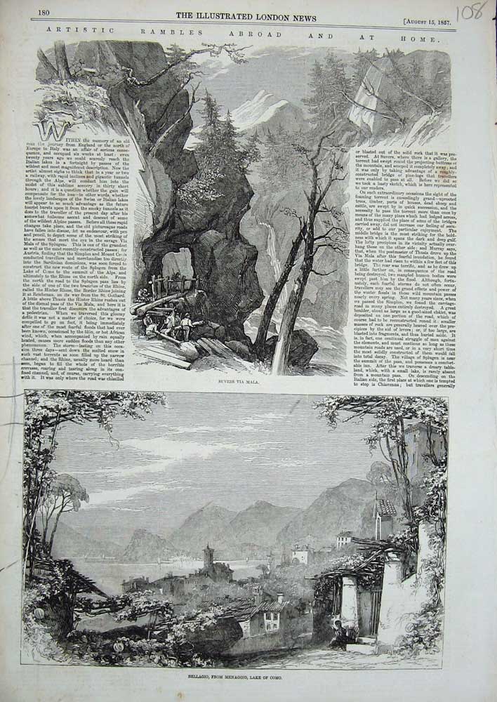 Old Antique Print 1857 Suvers Via Mala Bellagio Menaggio Lake Como Hills 19th