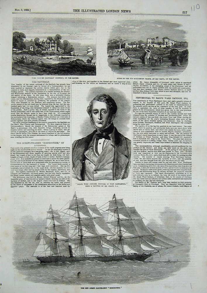 Original Old Antique Print Ralph Jackson 1855 Clipper Ship Khersonese Ganges