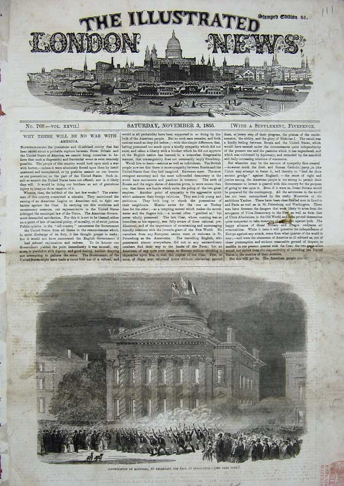 Original Old Antique Print 1855 Illumination Montreal Fall Sebastopol Canada