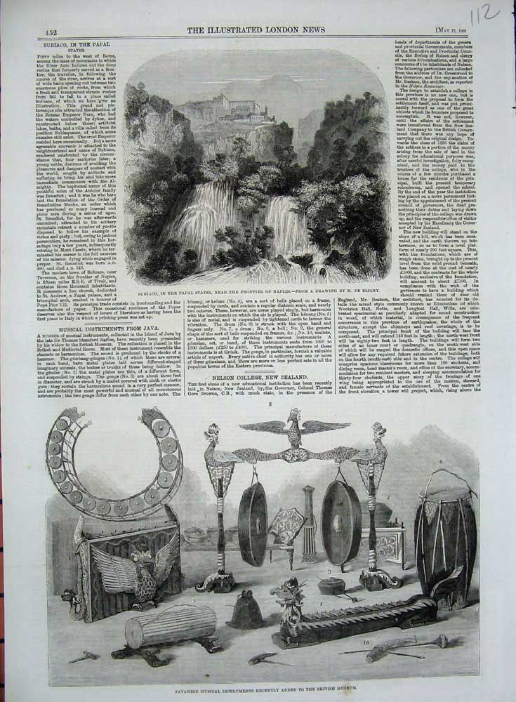 Old Antique Print 1860 Subiaco Papal Naples Javanese Musical Instruments 19th