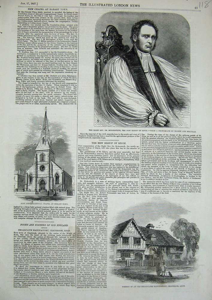 Antique Old Print *0267 1857 Rev. Bickersteth Bishop Ripon Chapel Hobart Kent