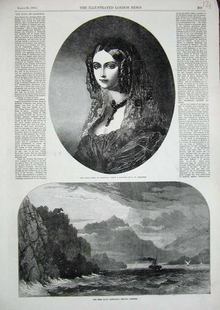 Old Antique Print 1855 Queen Sardinia Bear Rock Maddalena Straits Sea Art 19th