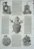 Original Old Antique Print 1855 Armour Helmet Powder Flask Sevres Vase Flanders