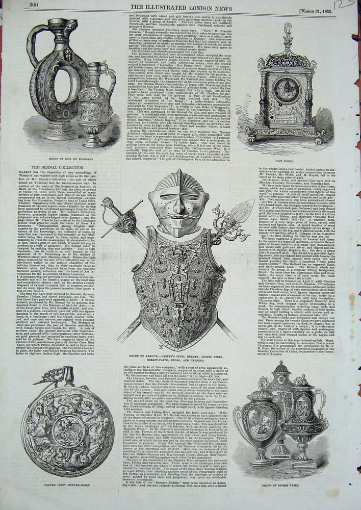 Original Old Antique Print 1855 Armour Helmet Powder Flask Sevres Vase Flanders