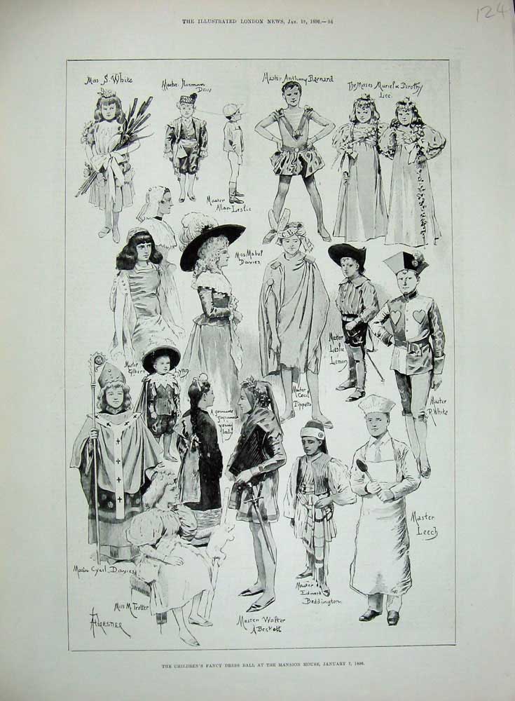 Old Antique Print Childrens Fancy Dress Ball Mansion House Costumes 1896 19th