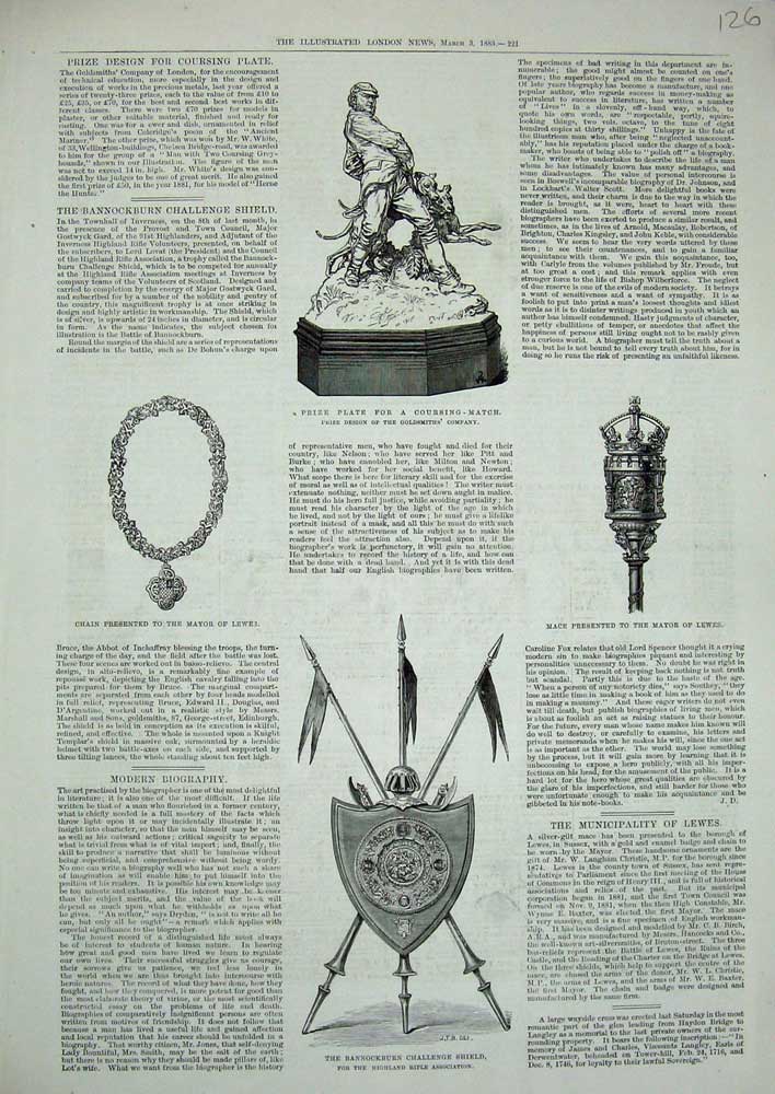 Original Old Antique Print 1883 Bannockburn Shield Rifle Mace Mayor Lewes Plate