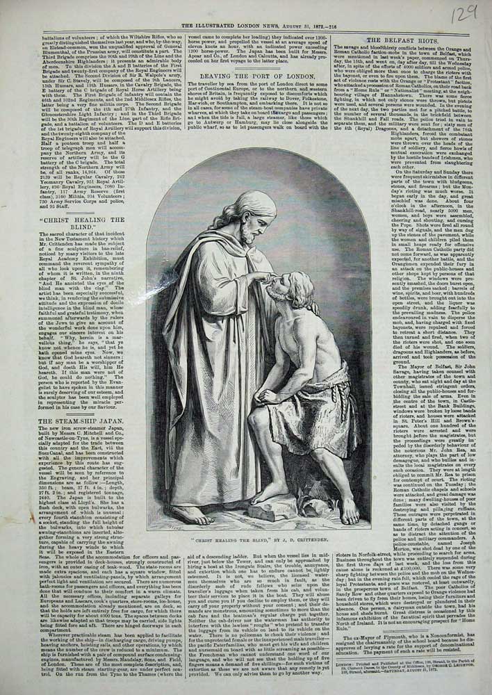 Original Old Antique Print Statue Jesus Christ Healing Blind 1872 Crittenden