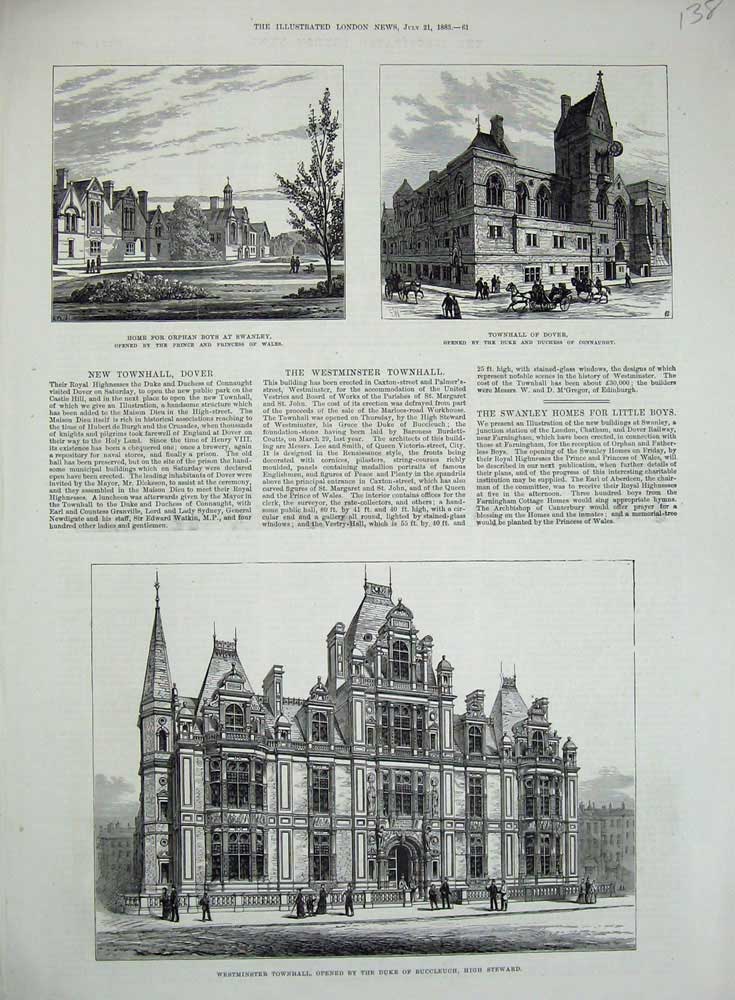 Old Antique Print 1883 Home Orphan Boys Westminster Townhall Dover Duke 19th