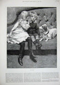 Original Old Antique Print 1884 Fine Art Little Children Whispering Secret Dog