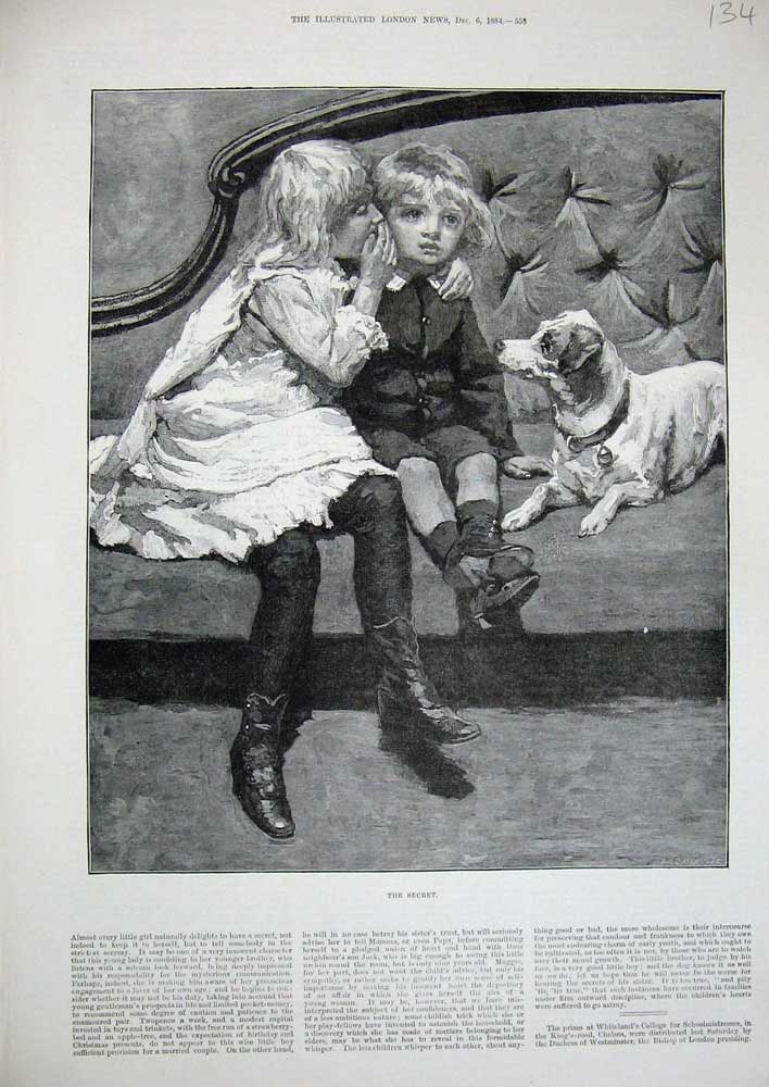 Original Old Antique Print 1884 Fine Art Little Children Whispering Secret Dog