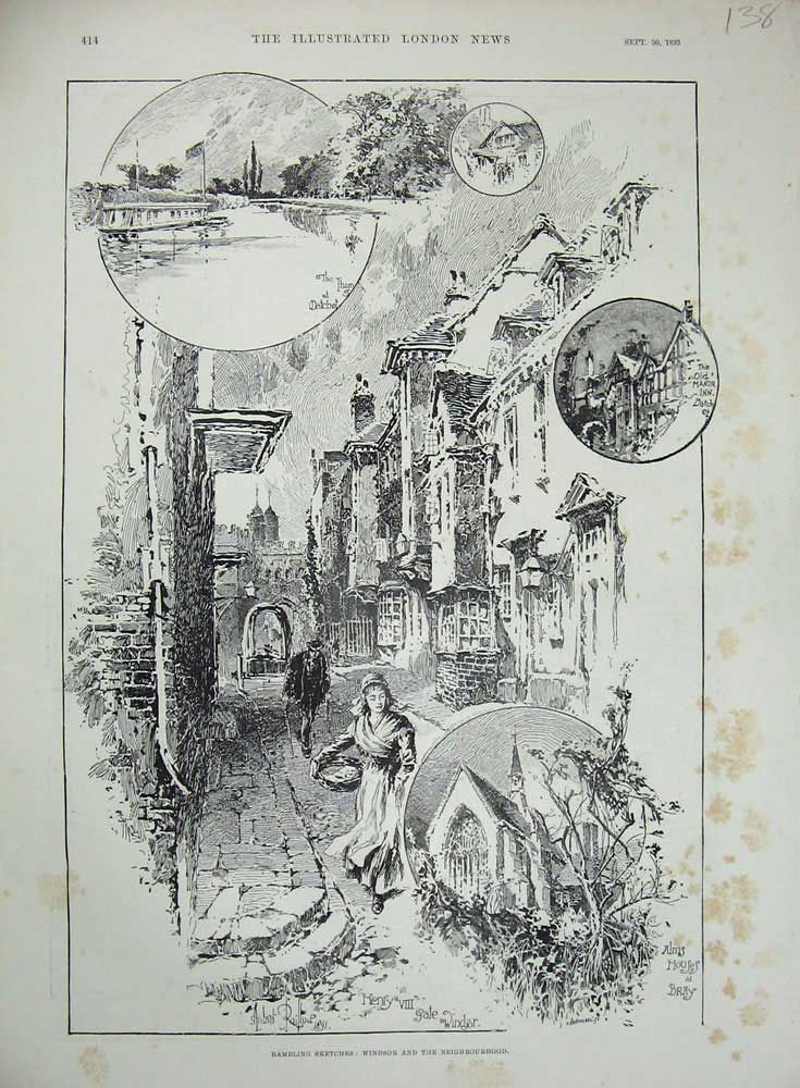 Original Old Antique Print Windsor 1893 Manor Inn Henry Gate Alms Houses Bray