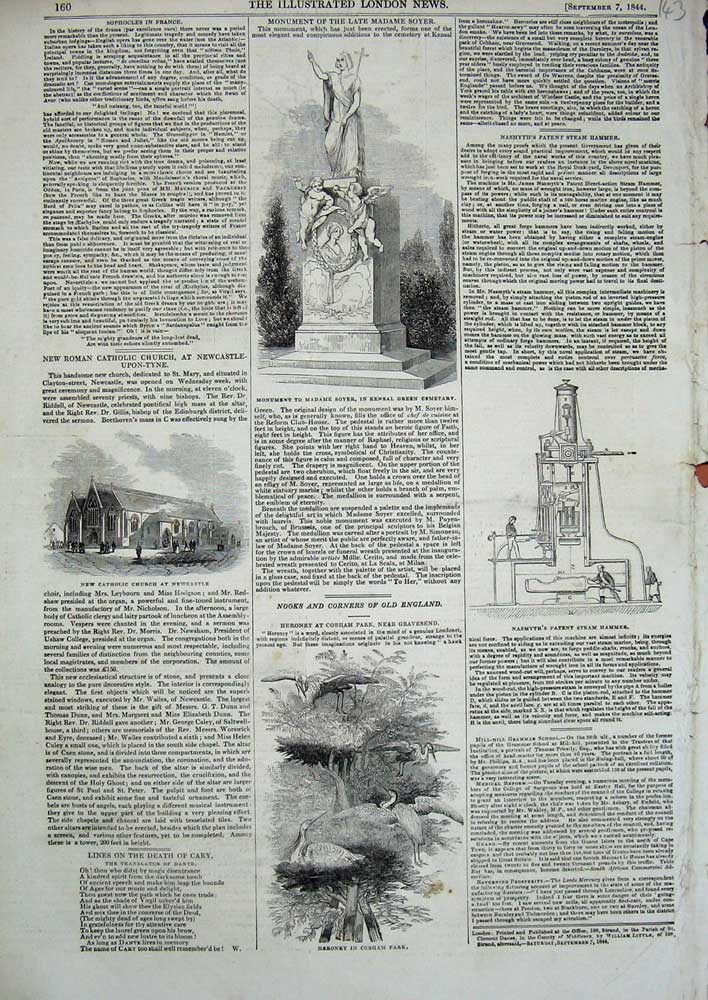 Old Antique Print 1844 Monument Madame Soyer Steam Hammer Church Cobham 19th