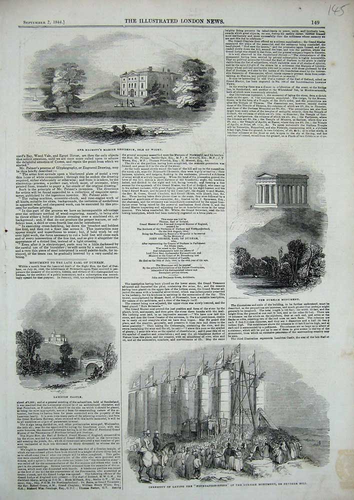 Original Old Antique Print 1844 Queen Isle Wight Durham Monument Lambton Castle