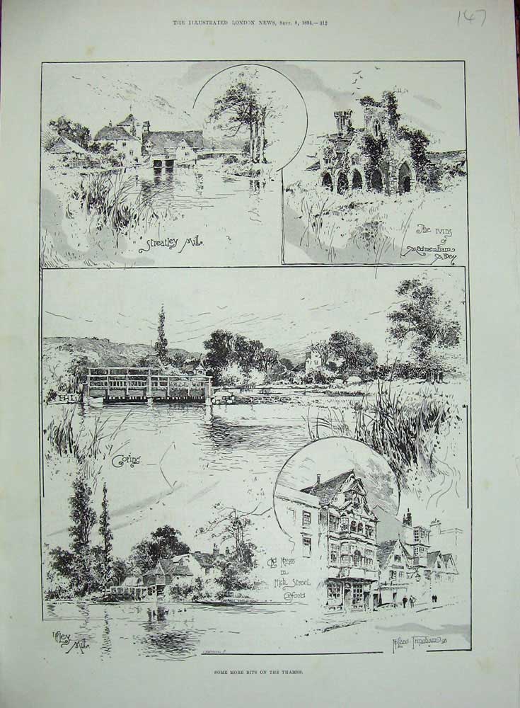 Old Antique Print 1894 River Thames Streatley Mill Abbey Coring Tringham 19th