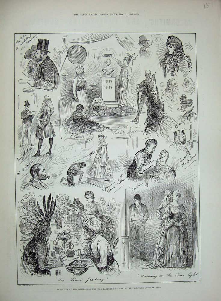 Original Old Antique Print 1887 Sketches Tableaux Royal Institute Costume Ball
