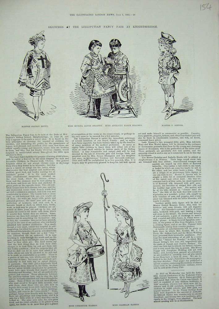 Original Old Antique Print 1882 Knightsbridge Betty Agnes Brassey Reeves Harris