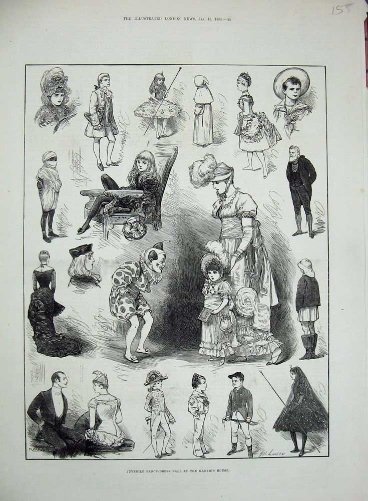 Antique Print *0268 1883 Childrens Fancy Dress Ball Mansion House Costumes