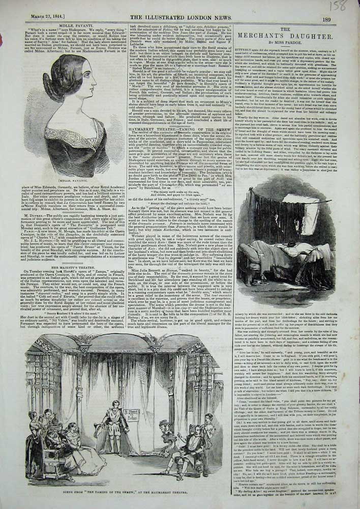 Old Antique Print 1844 Mdlle Favanti Taming Shrew Scene Haymarket Theatre 19th