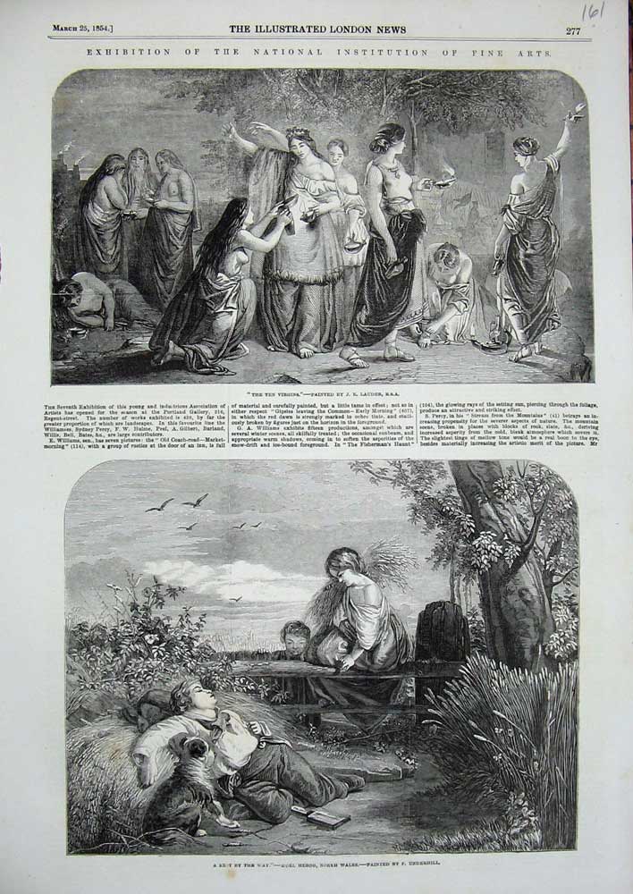 Old Antique Print Fine Arts 1854 Ten Virgins Lauder Country Man Sleeping 19th