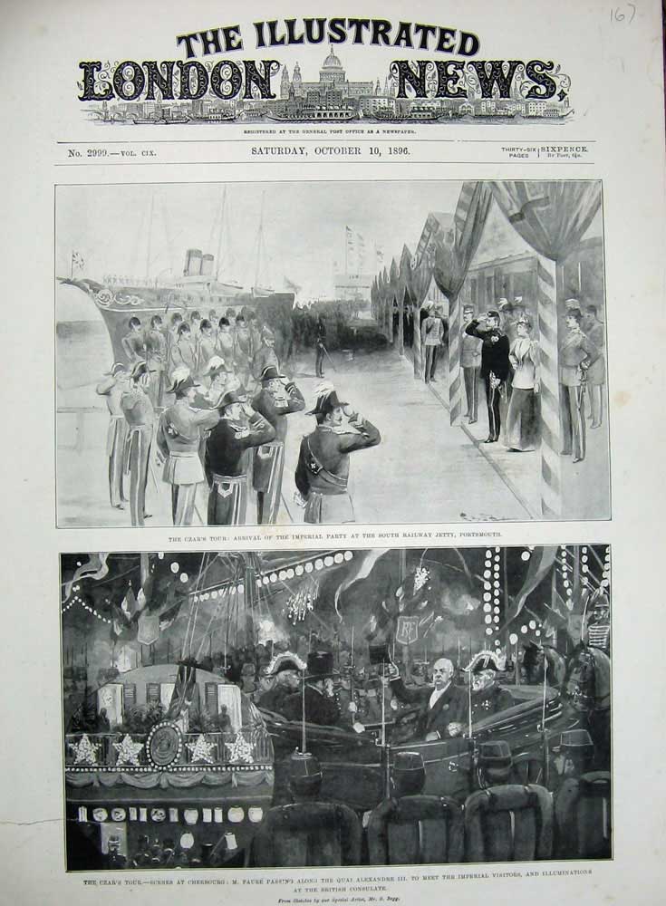 Old Antique Print 1896 Czar South Railway Jetty Portsmouth Cherbourg Ship 19th