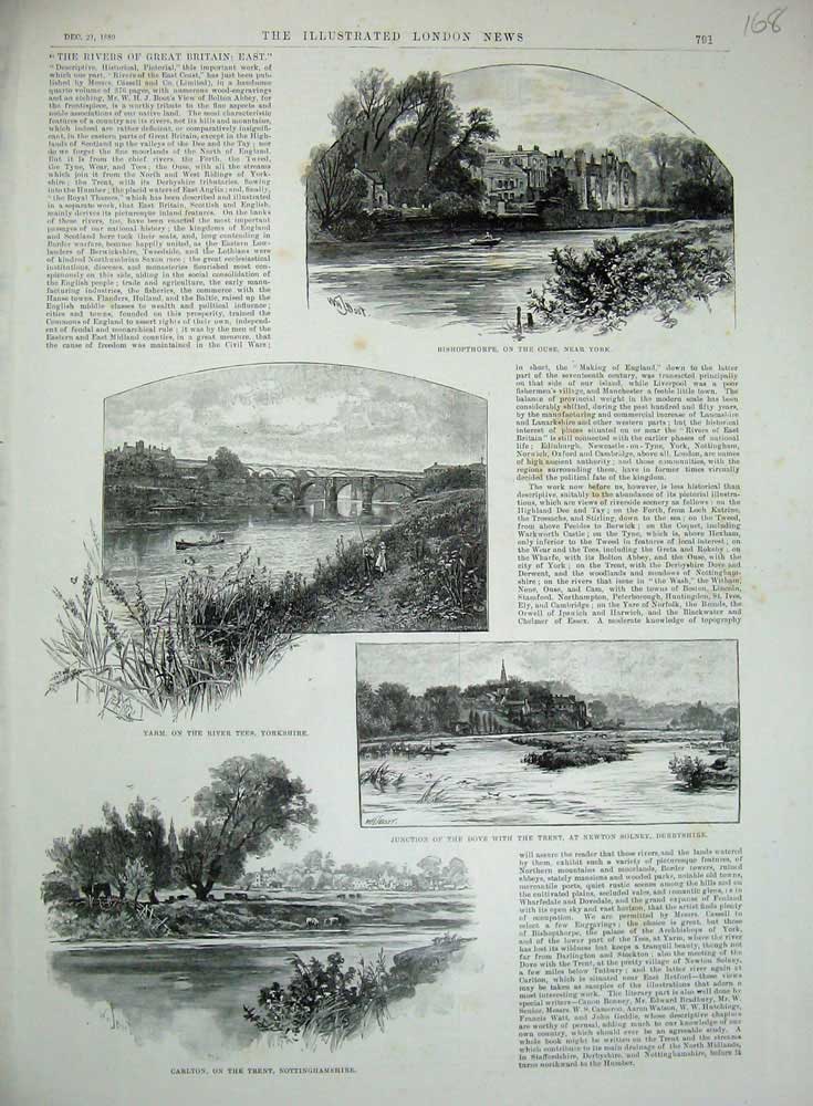Old Antique Print 1889 Rivers Bishopthorpe Yarm Tees Dove Carlton Trent 19th