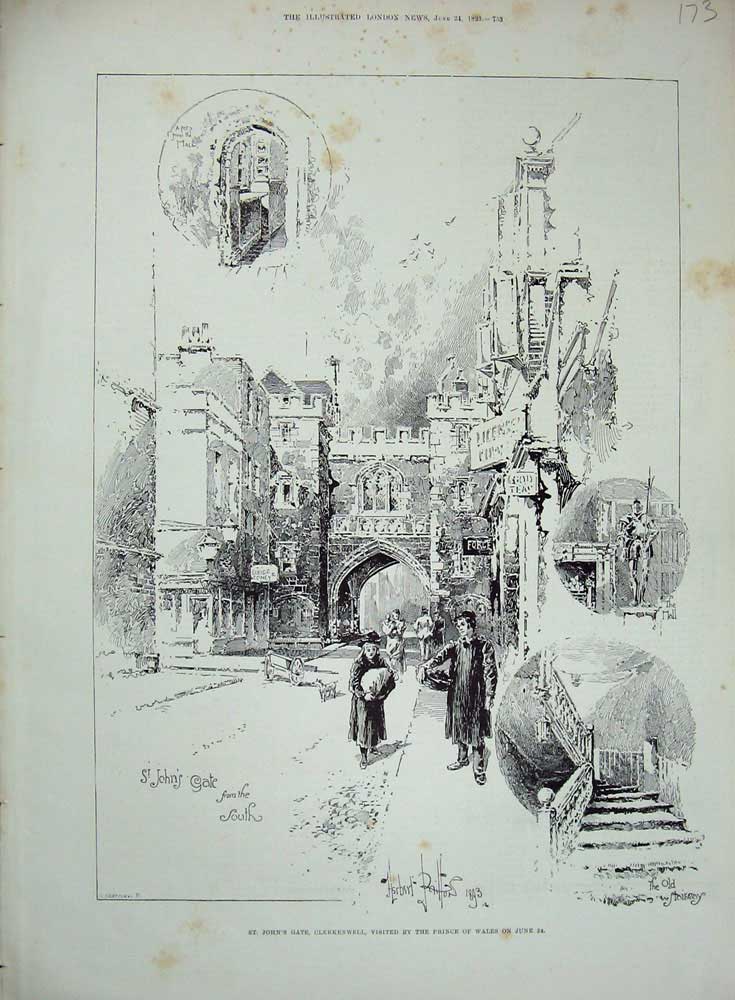 Original Old Antique Print 1893 St John'S Gate Clerkenwell Street Prince Wales
