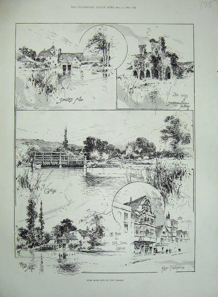 Original Old Antique Print 1894 River Thames London Mill Abbey Streatley Coring
