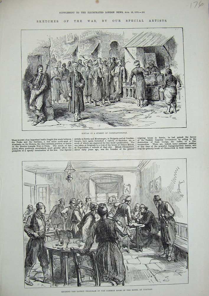 Old Antique Print War 1876 Softas Constantinople Telegram Hotel Csacsak 19th