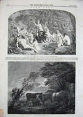 Old Antique Print 1846 Fine Arts Frost Gainsborough Animals Bathing Lady 19th