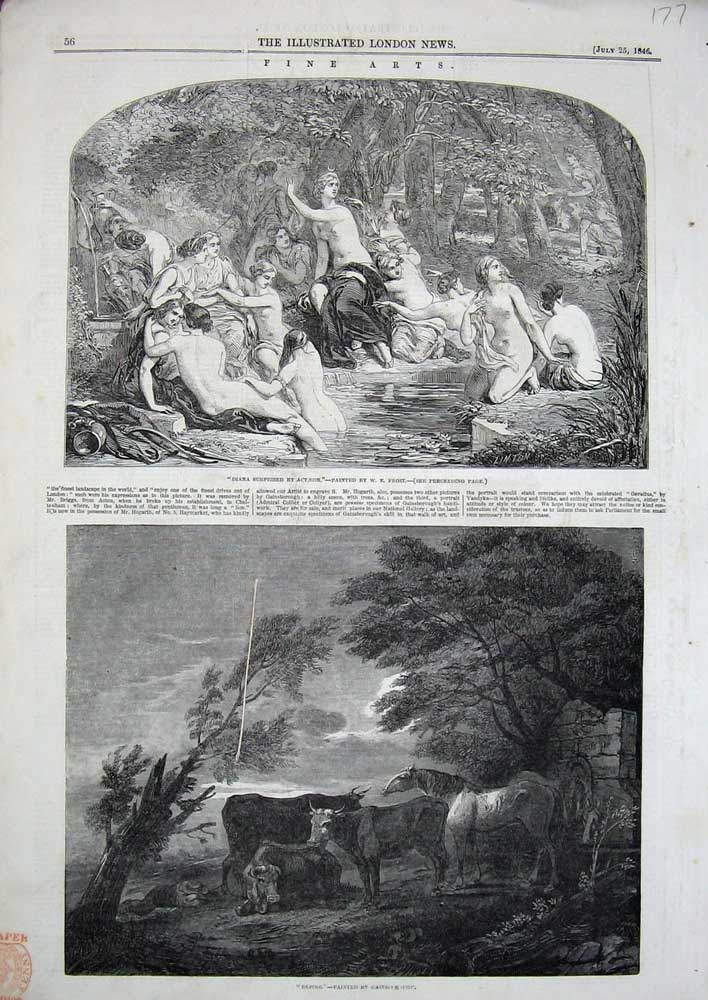 Old Antique Print 1846 Fine Arts Frost Gainsborough Animals Bathing Lady 19th