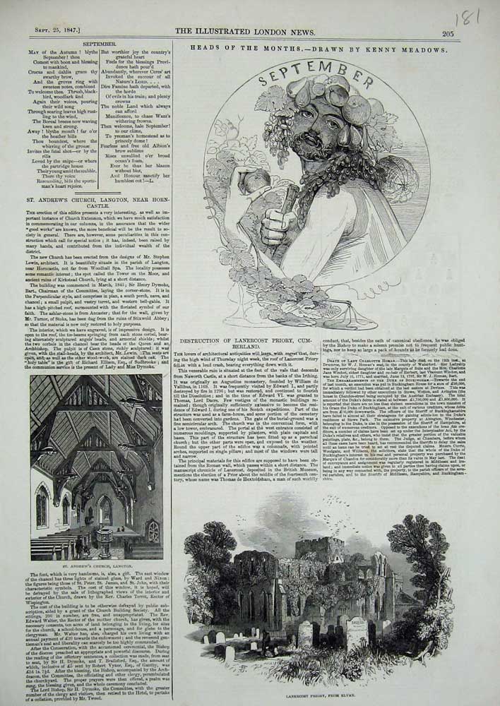 Original Old Antique Print 1847 Lanercost Priory Elvan Andrew'S Church Langton