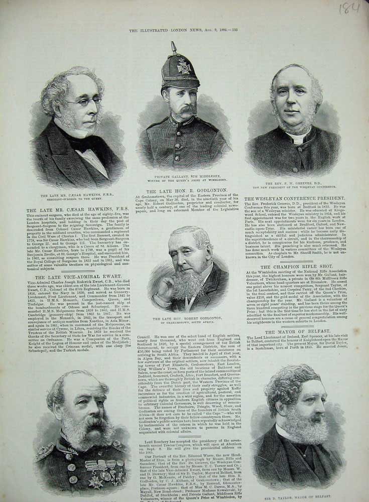 Old Antique Print 1884 Admiral Ewart Mayor Belfast Godlonton Gallant War 19th