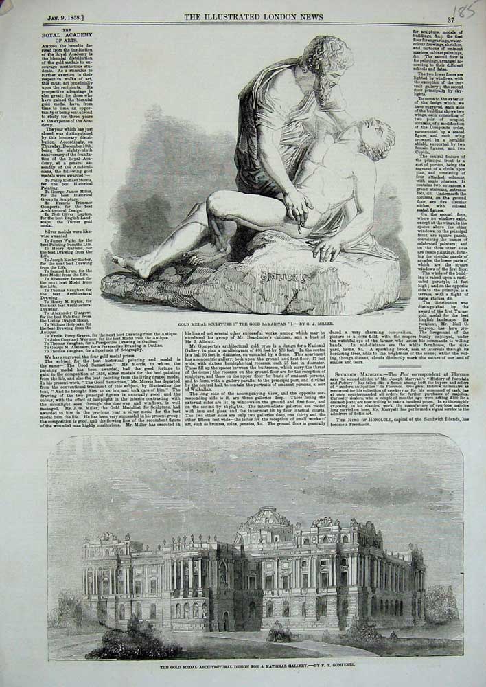 Old Antique Print 1858 Sculpture Samaritan Architecture National Gallery 19th