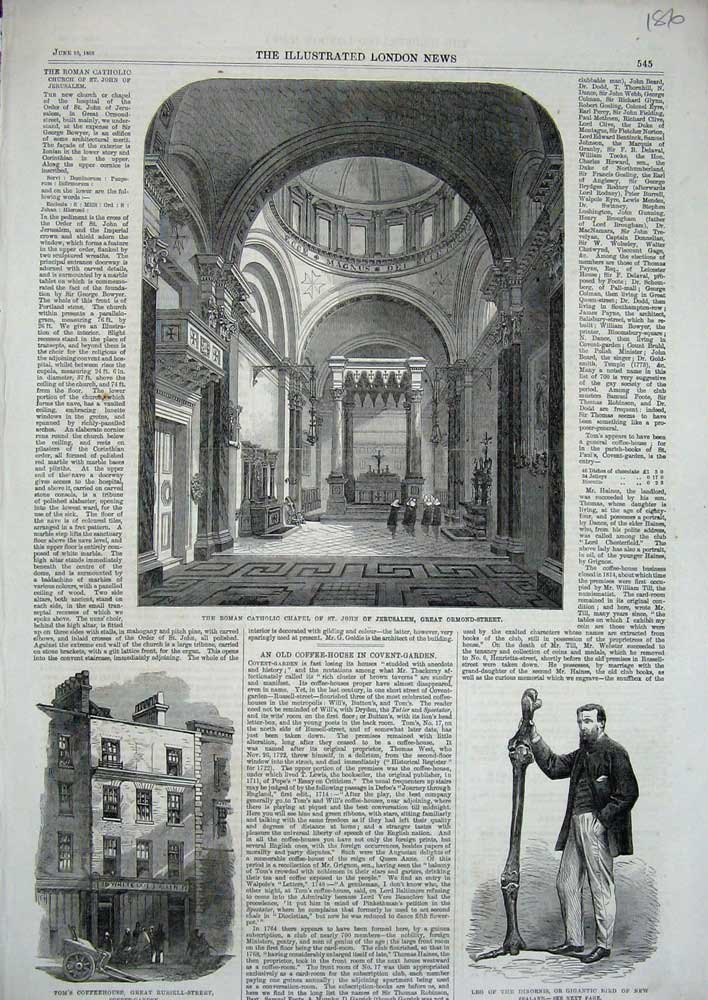 Original Old Antique Print 1865 Roman Catholic Chapel Jerusalem Ormond Dinornis