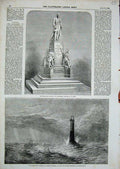 Original Old Antique Print 1855 Wellington Memorial Manchester Lighthouse Sea