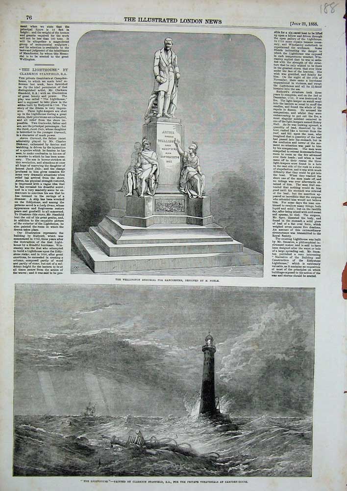 Original Old Antique Print 1855 Wellington Memorial Manchester Lighthouse Sea