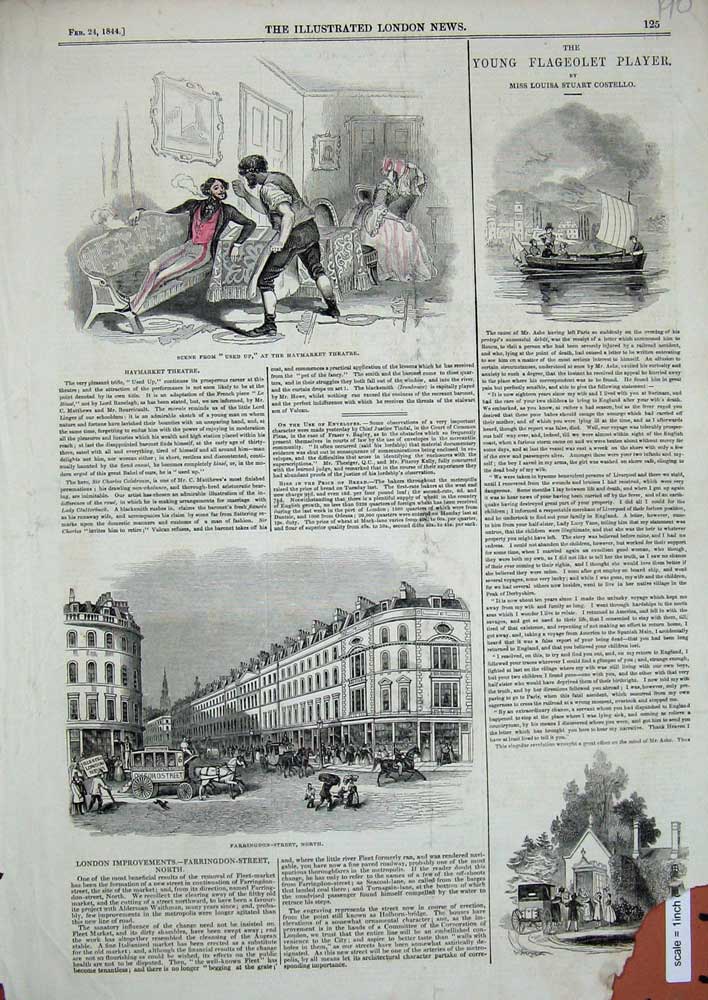 Original Old Antique Print 1844 Used Up Haymarket Theatre Farringdon River Boat
