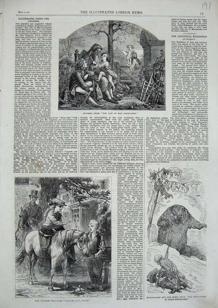 Original Old Antique Print Wayside Inn Munchausen Bear 1866 October Scene 19th