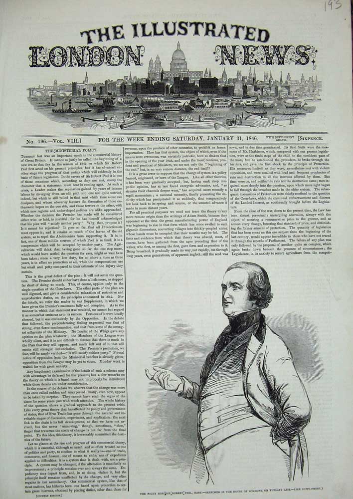 Original Old Antique Print 1846 Sir Robert Peel Bart House Commons Man Portrait