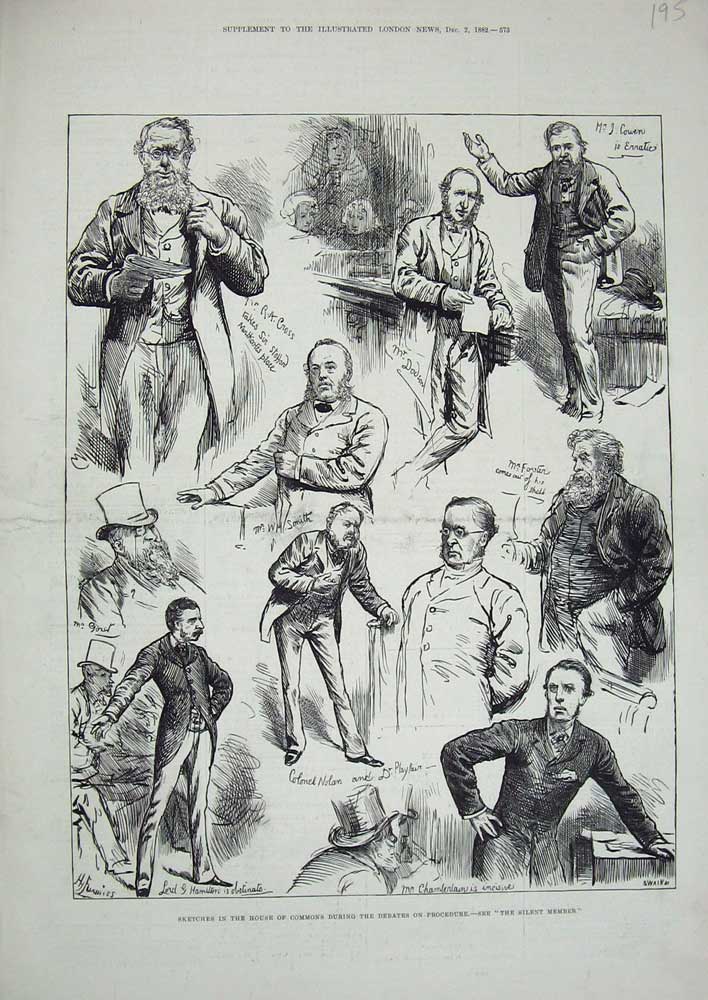 Original Old Antique Print 1882 House Commons Debates Procedure Silent Member
